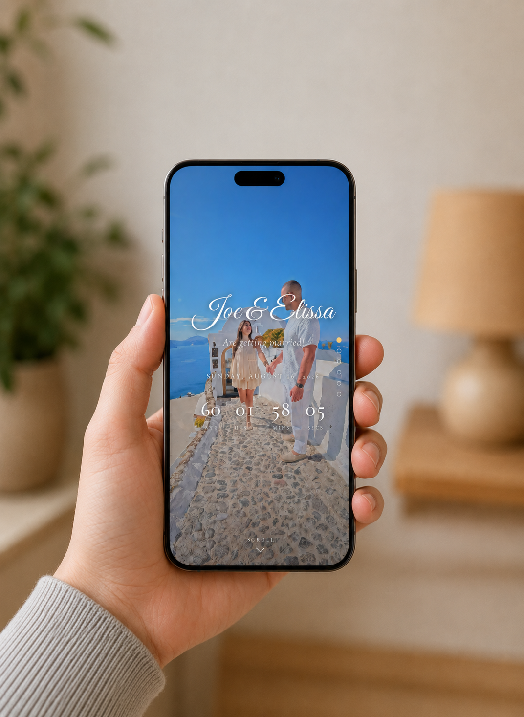 An elegant digital wedding invitation displayed on a phone with RSVP and venue details