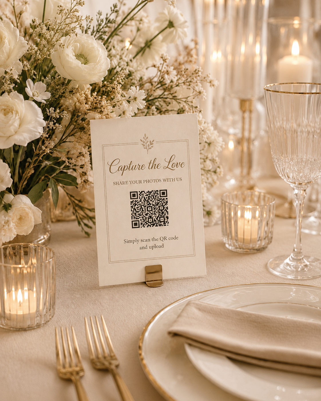 A Capture the Love wedding photo QR card displayed on a candlelit reception table