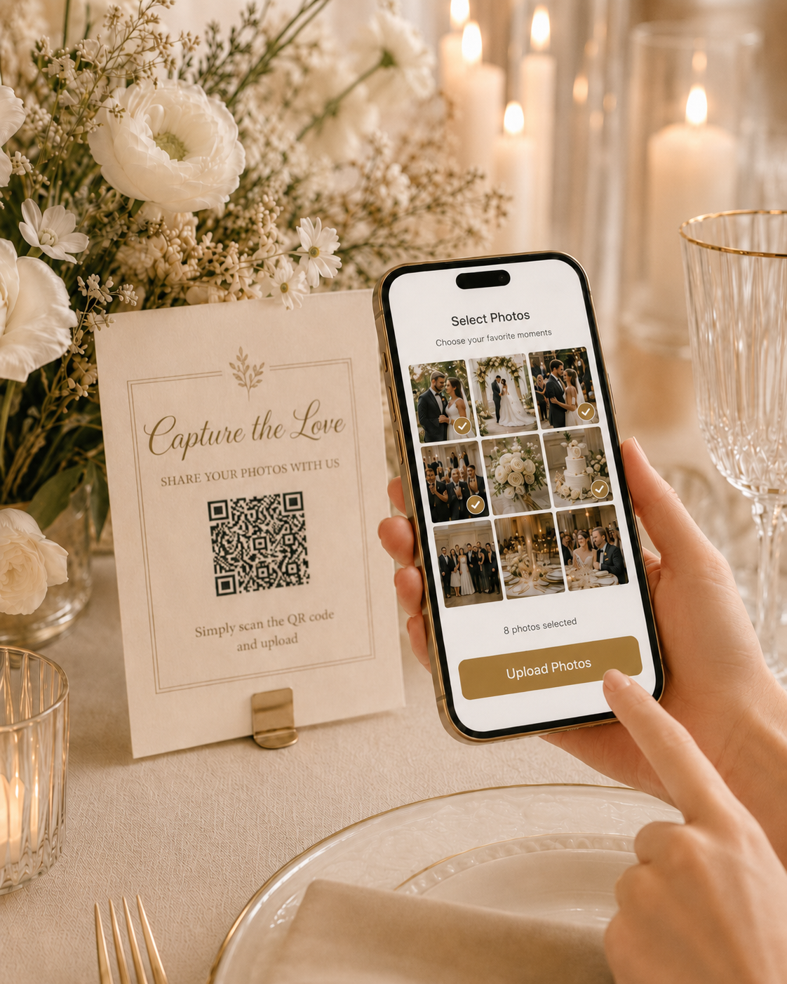 A phone showing the photo selection screen ready to upload wedding photos to the shared gallery