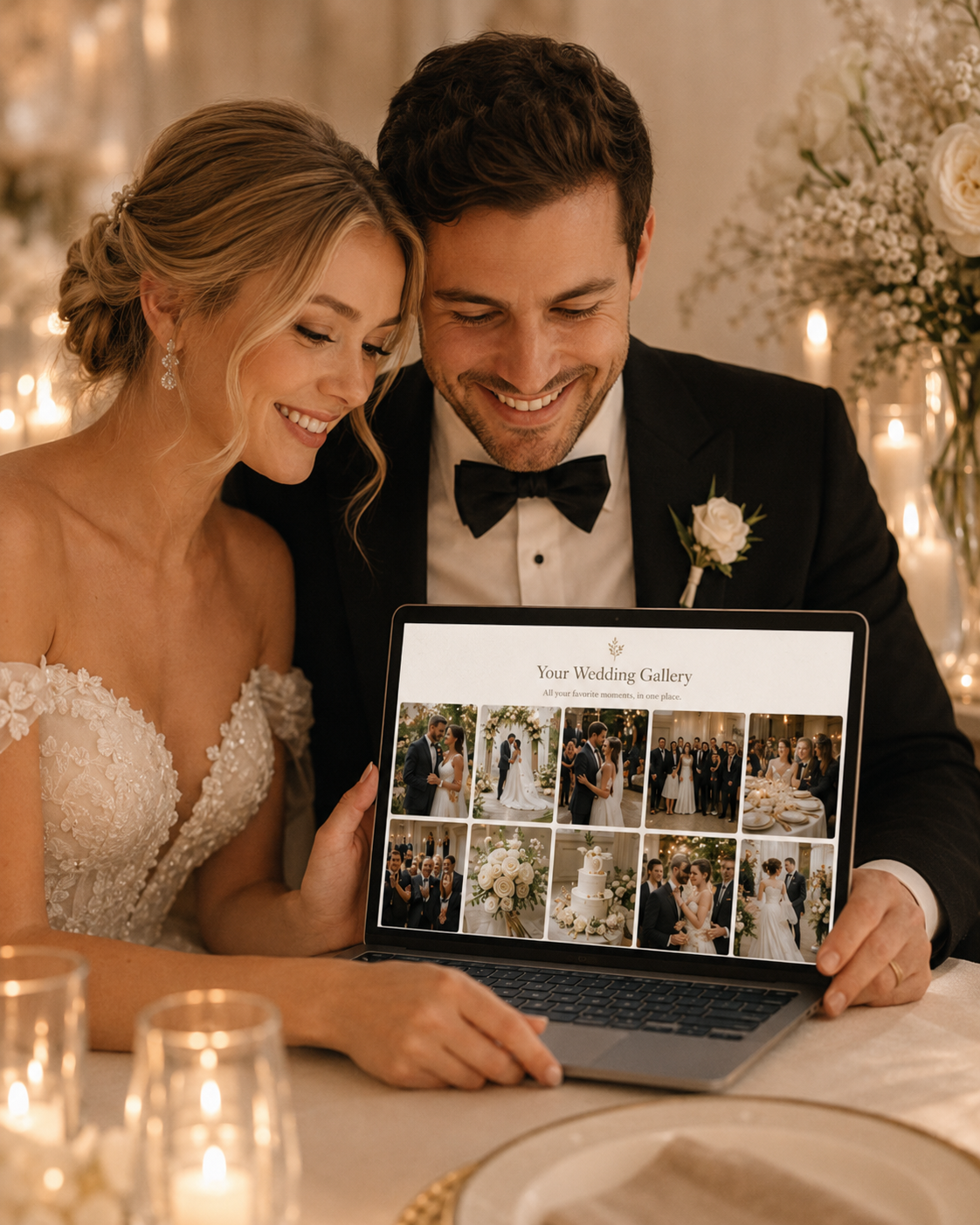 A newlywed couple viewing their shared wedding photo gallery on a laptop
