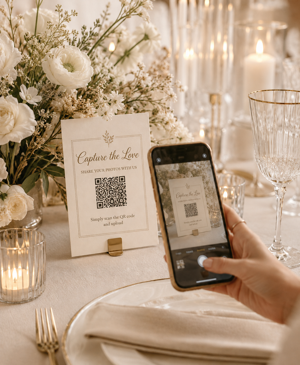 A wedding guest scanning a 'Capture the Love' table card QR code to upload photos to a shared gallery